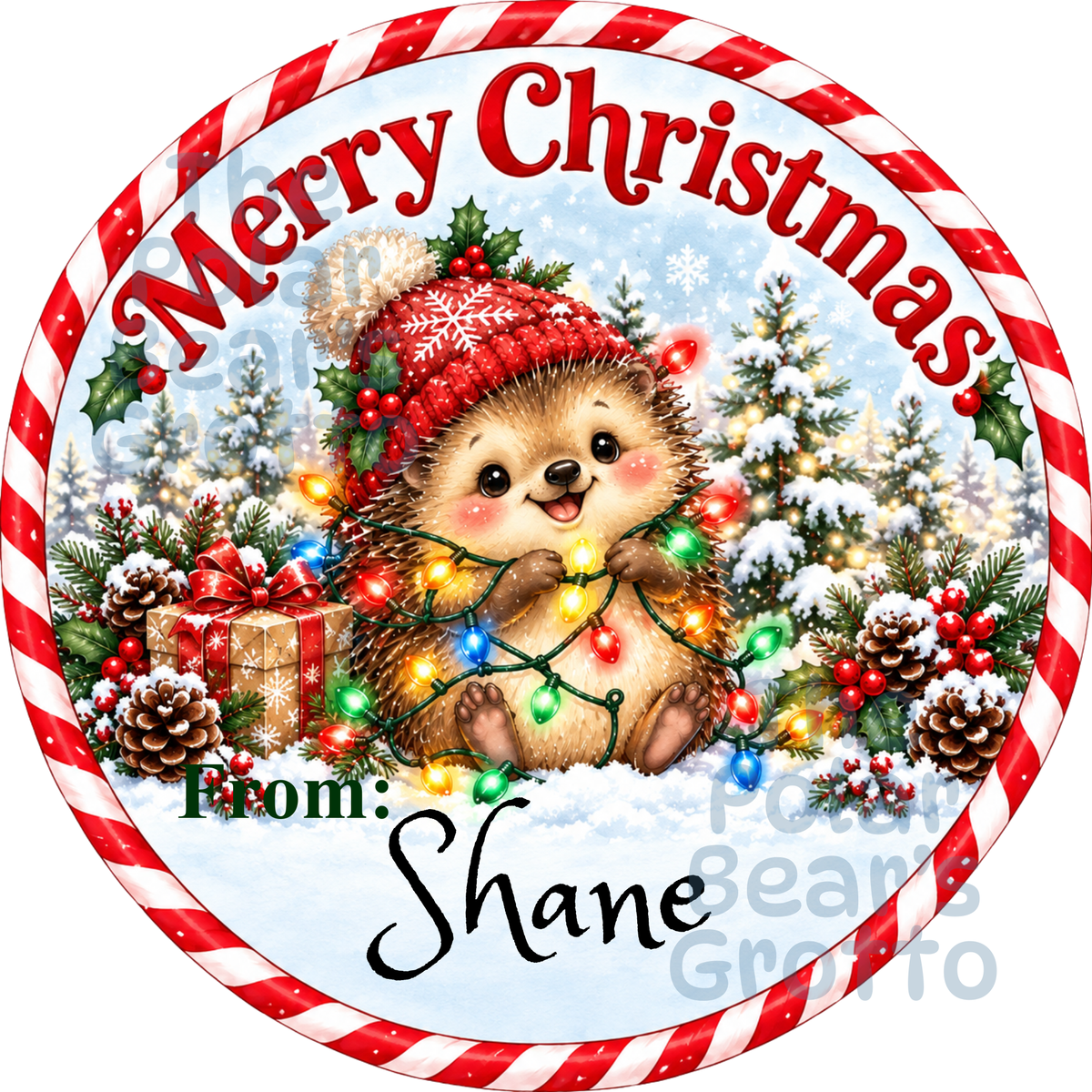 Personalised Chocolate Tub Sticker - Hedgehog with Christmas Lights
