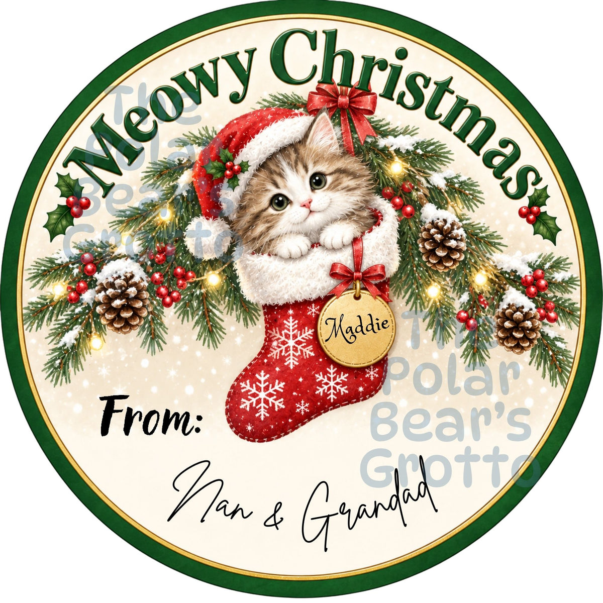 Personalised Chocolate Tub Sticker - kitten in stocking