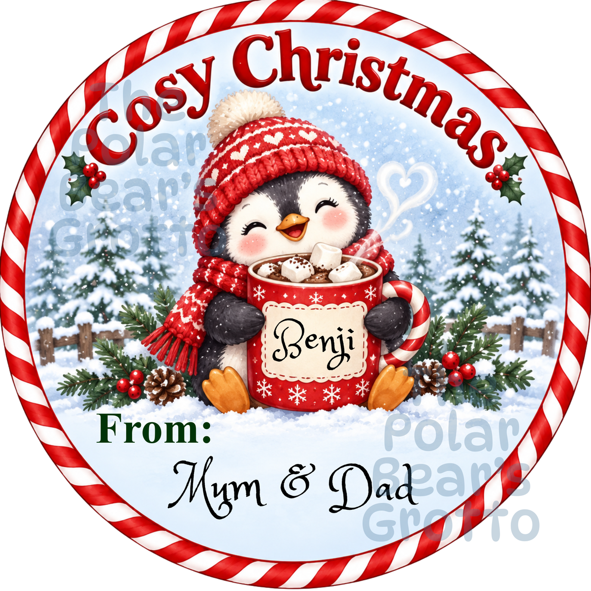 Personalised Chocolate Tub Sticker - Penguin with Hot Chocolate