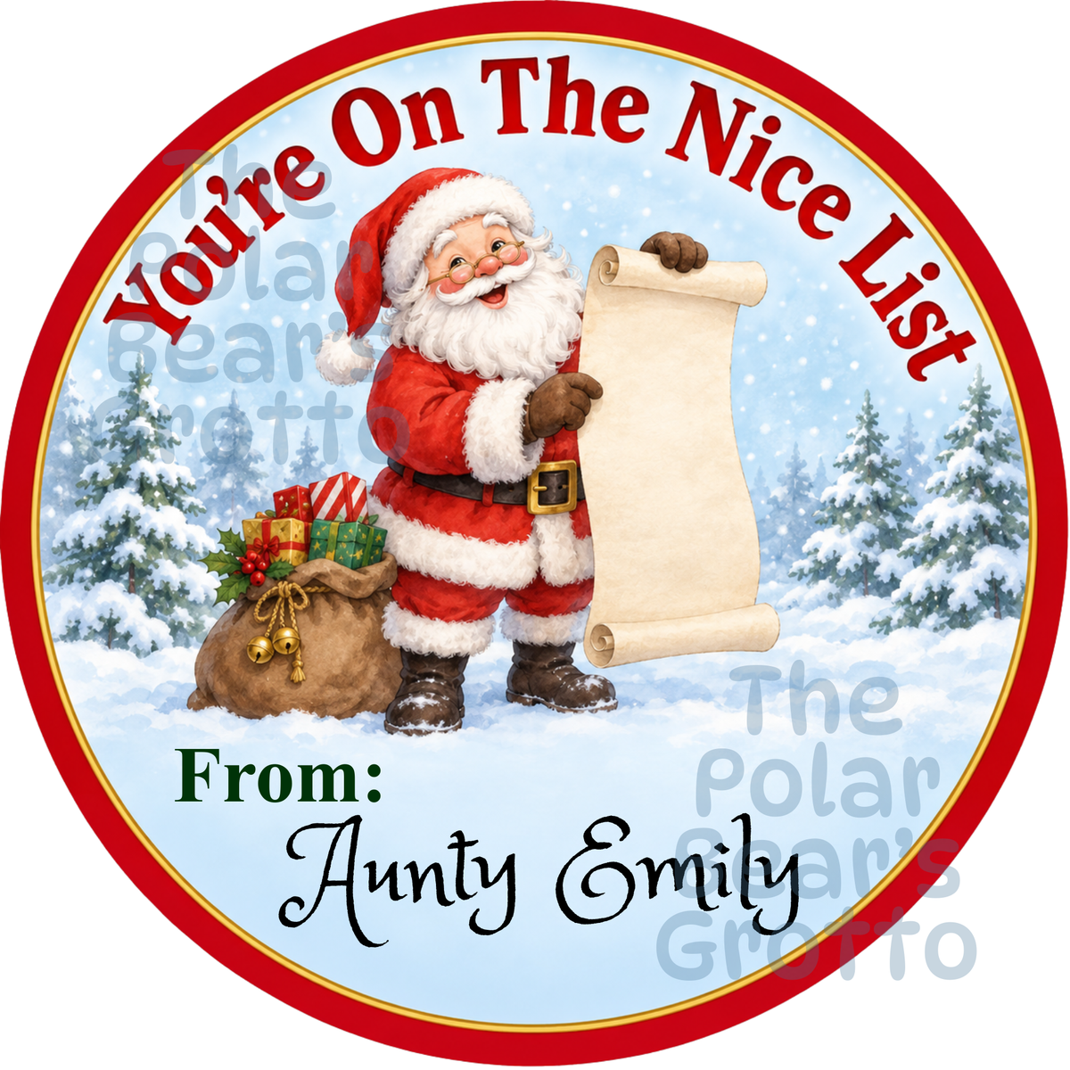 Personalised Chocolate Tub Sticker - Santa with Nice List and Sack of Gifts