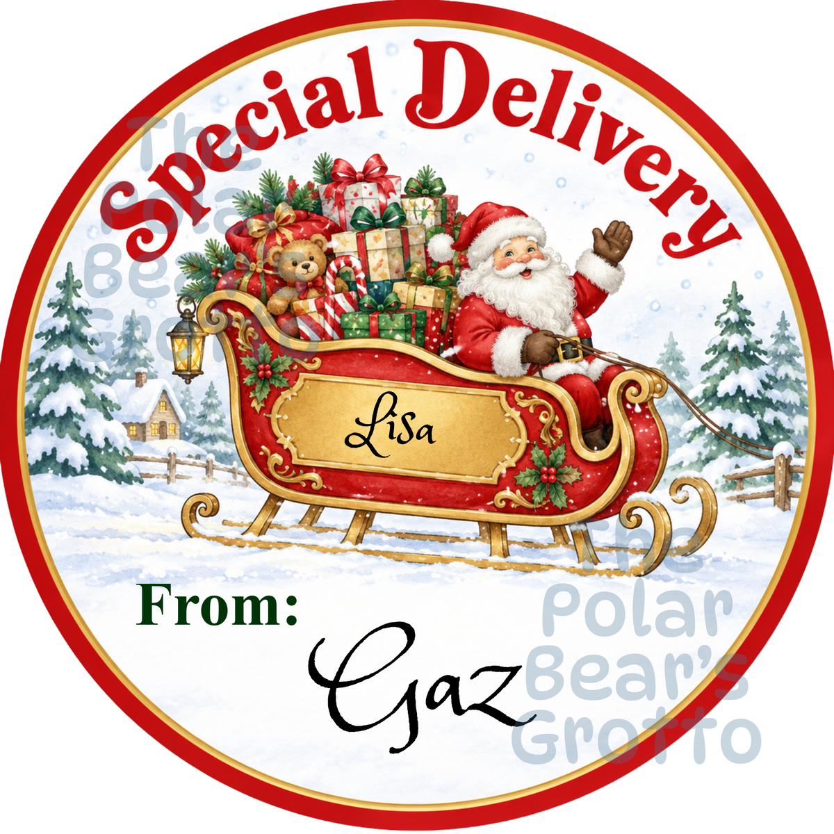 Personalised Chocolate Tub Sticker - Santa on his Sleigh