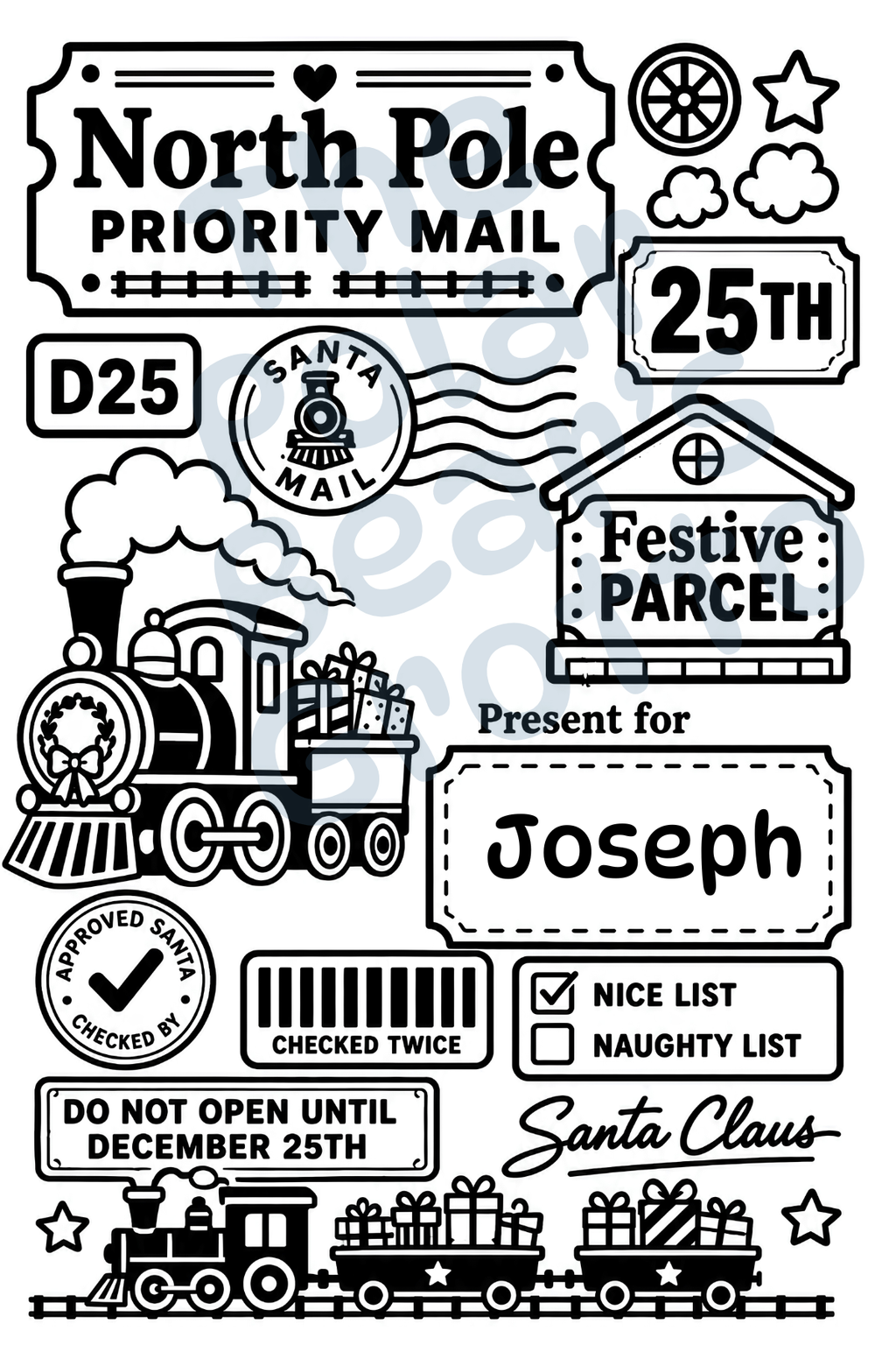 Set of personalised Christmas postage labels with Steam train
