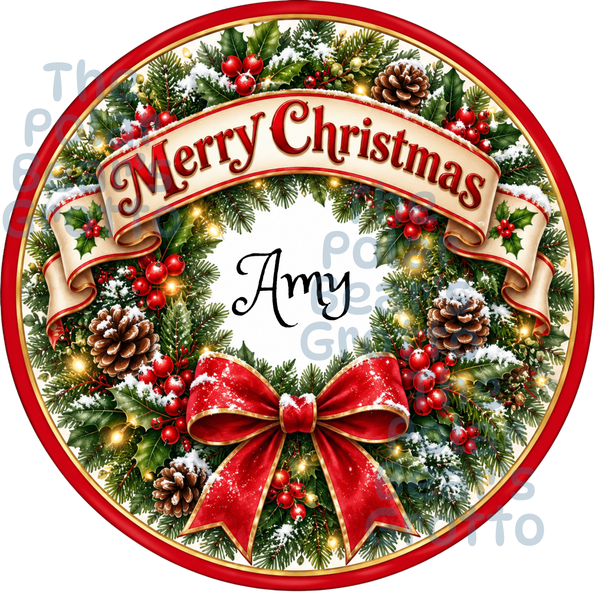 Personalised Chocolate Tub Sticker - Wreath with red ribbon